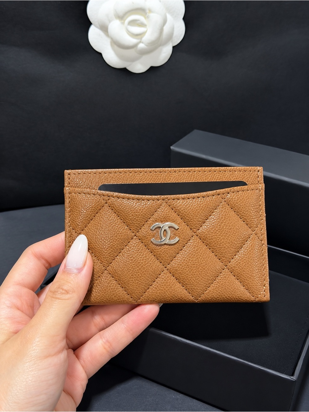CHANEL Tan Quilted Leather Card Holder with Silver CC